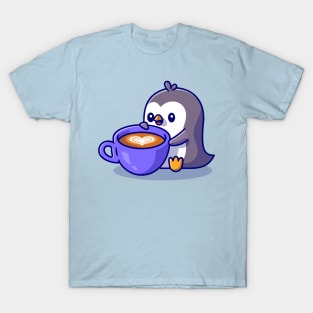 Cute Penguin Drinking Coffee Cartoon T-Shirt